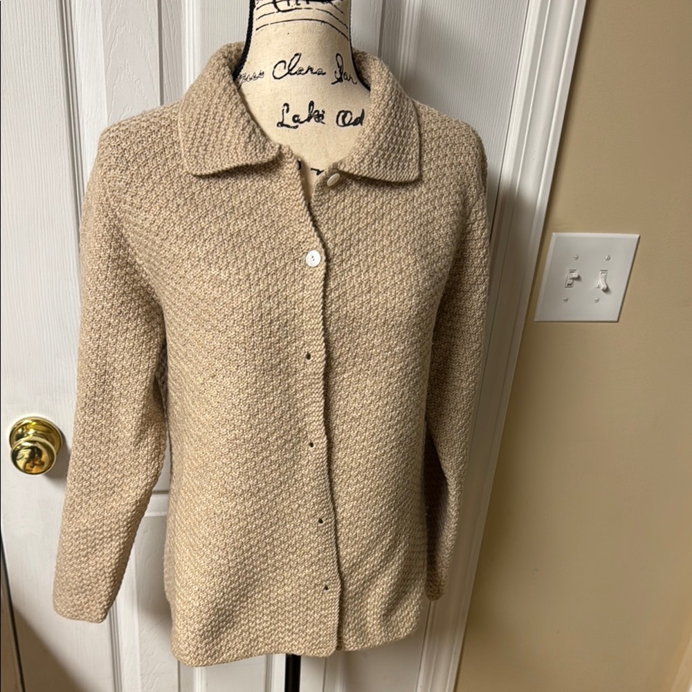 Talbots Cream Cardigan Textured Wool Knit lightweight Sweater